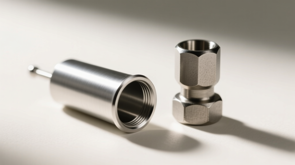 Close-up of a lightweight 0-gauge aluminum flesh tunnel next to a steel plug, showing weight differences for stretched earlobes.