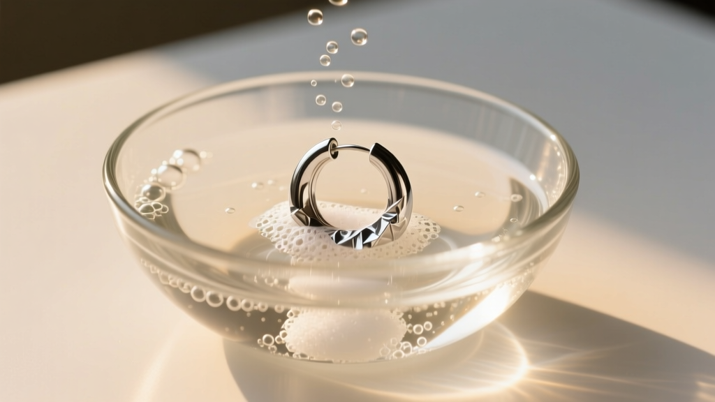 Shallow glass bowl with a sterling silver hoop earring submerged in warm baking soda and aluminum foil solution, releasing tiny bubbles.