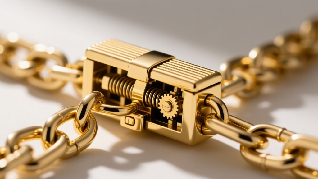 Close-up of an 18k gold tongue-and-groove box clasp with safety catches on a heavy chain, revealing the internal locking mechanism