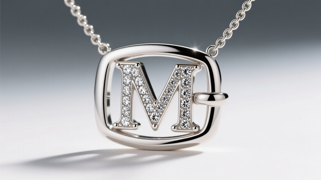 Close-up of a polished 925 sterling silver belt buckle initial necklace featuring a pavé diamond letter M on a 2mm box chain.