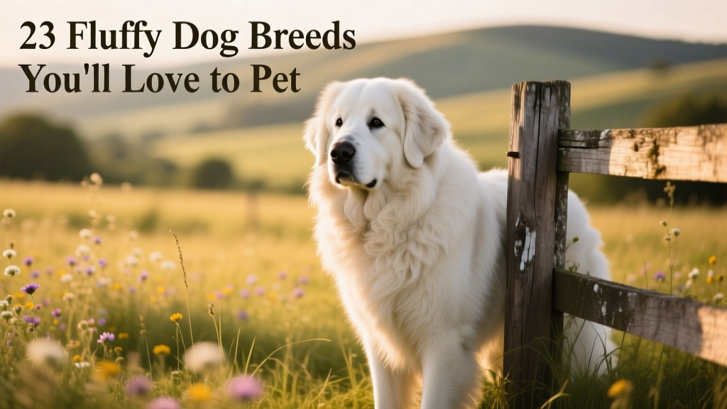 A serene Great Pyrenees standing beside a wooden fence, its thick white coat glowing in soft sunlight
