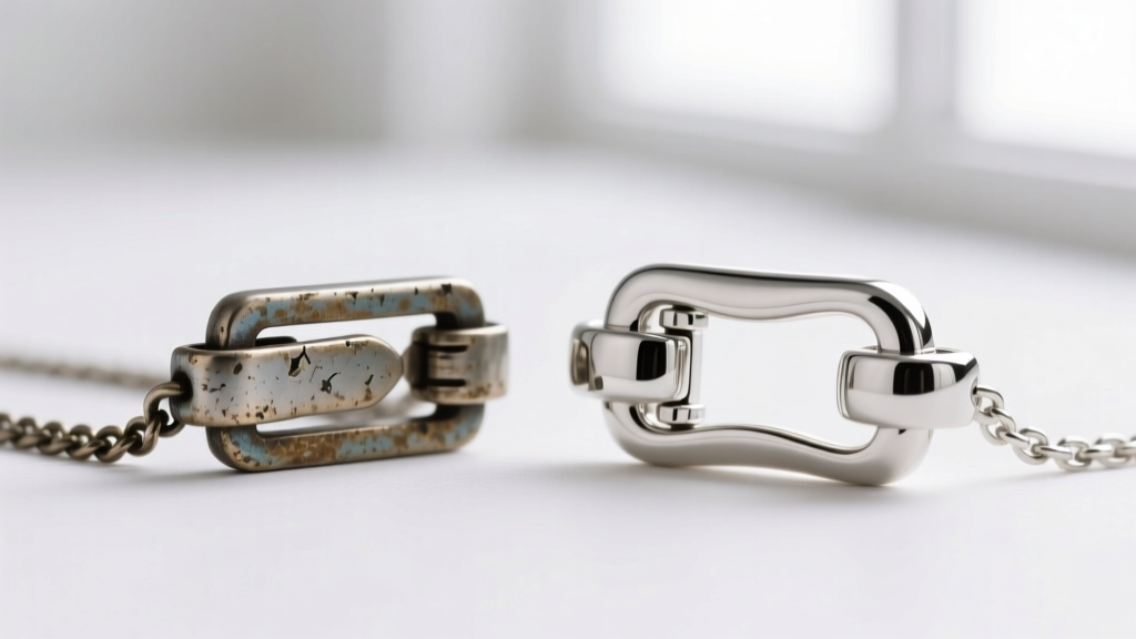 Macro photography comparing a tarnished zinc alloy necklace chain clasp next to a polished 925 sterling silver lobster clasp