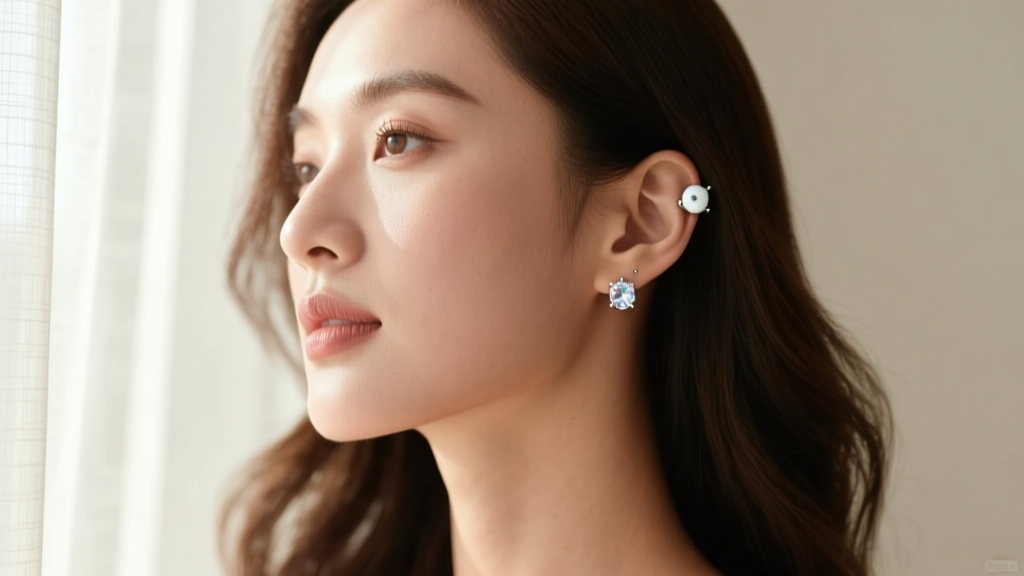 Woman wearing a 16-gauge white opal cartilage stud and 20-gauge white topaz lobe stud, illuminated by soft natural window light.
