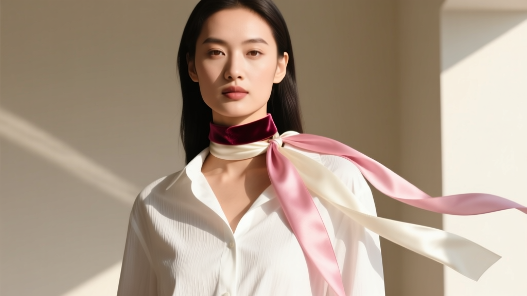 Model wearing a layered 3mm velvet cloth choker and silk ribbon lariat over a white button-down shirt, in natural daylight.