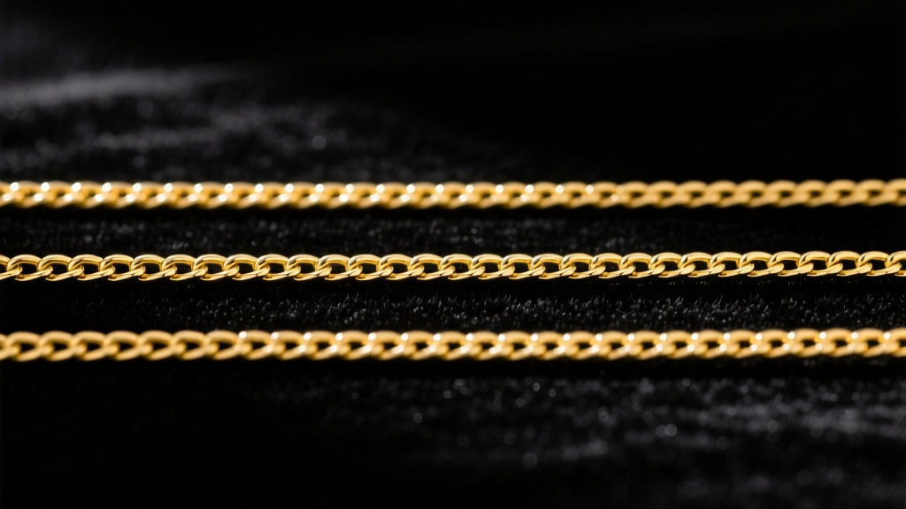 Three gold cable chains on black velvet showing 0.8mm, 1.5mm, and 2.5mm thickness variations under bright studio lighting.
