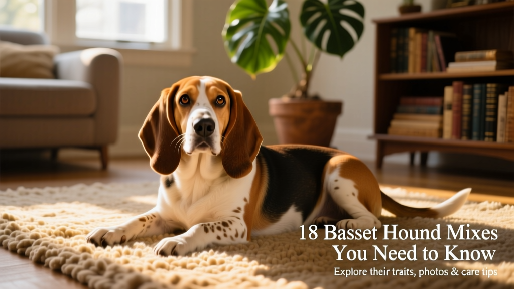 A friendly Basset Hound mix lounging on a sunlit rug, showing classic droopy ears and expressive eyes