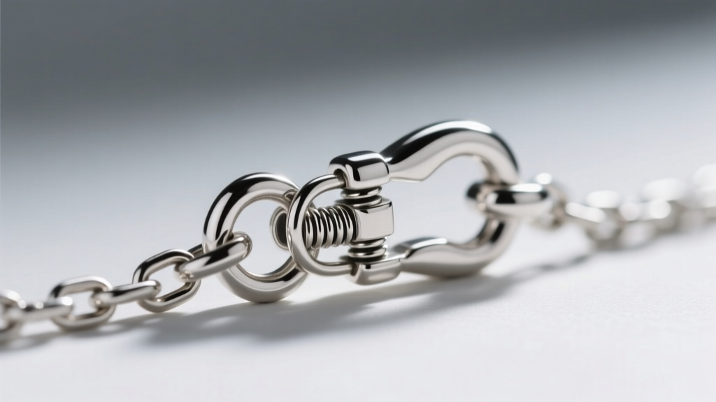 Macro view of a sterling silver lobster clasp on a chain, highlighting the small trigger mechanism and spring joint in crisp focus.
