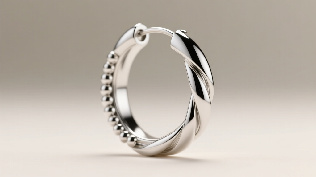 Side profile of seamless 18-gauge Argentium silver hoop earring with continuous bead wrap illuminated by soft studio lighting