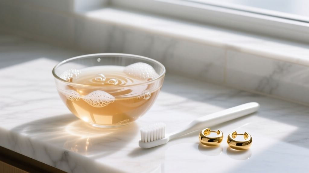 Glass bowl of warm soapy water, soft toothbrush, and gold band earrings resting on a white marble countertop in bright daylight.