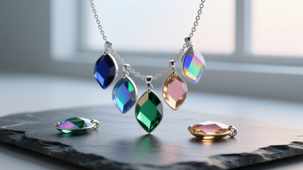 Dichroic glass pendants necklace on slate, soft light highlighting iridescent coatings and a delicate sterling silver chain.