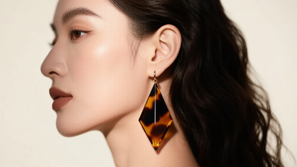 Side profile of a woman wearing 3-inch geometric tortoiseshell acetate drop earrings, soft studio lighting highlighting the lobe.