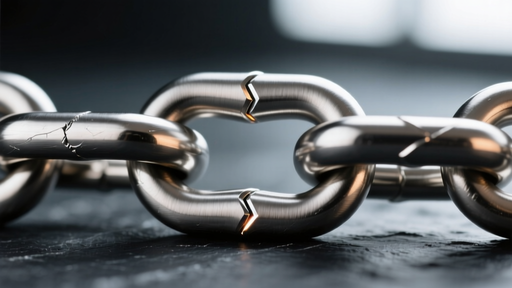 Macro shot of a titanium curb chain link, showing the laser-welded seam and brushed finish against a dark slate background.