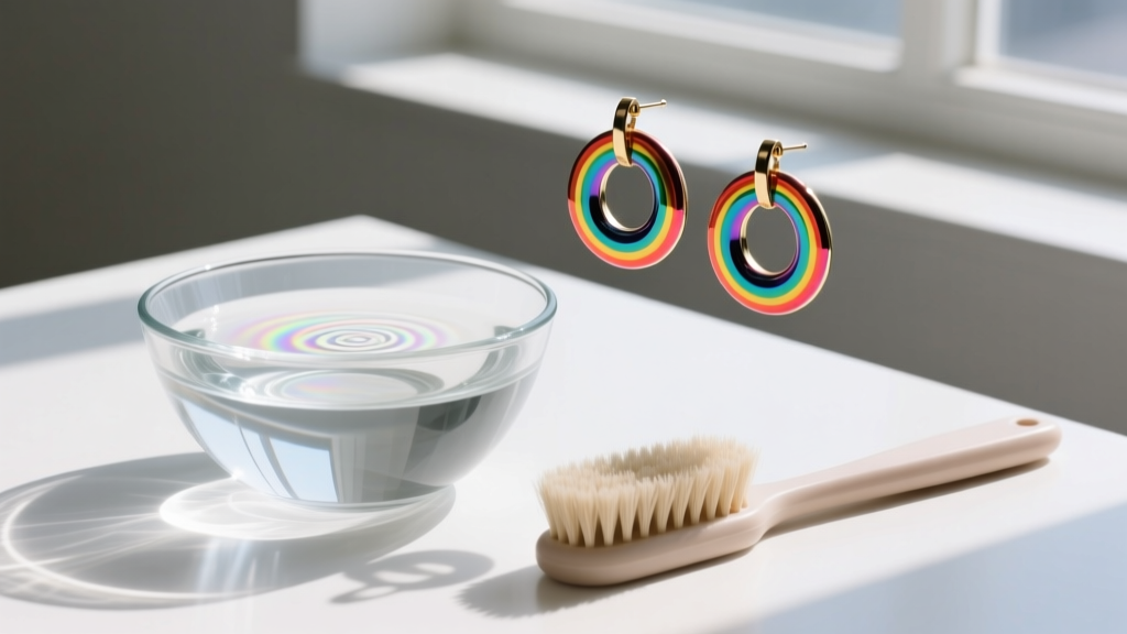 Glass bowl with distilled water and mild soap, alongside colorful enamel rainbow hoop earrings and a soft-bristled cleaning brush.
