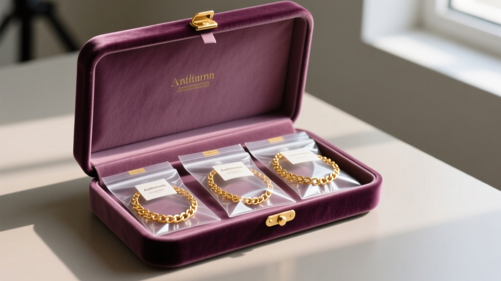 Open velvet jewelry box with antitarnish strips and sealed clear plastic bags holding delicate gold chain bracelets inside.