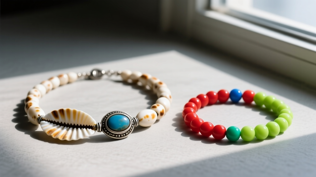Vintage 1970s puka shell necklace with a tarnished silver clasp next to a modern replica made of uniform, dyed plastic beads.