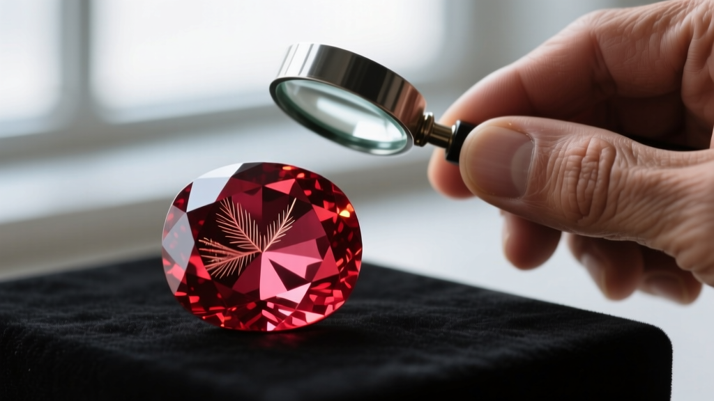 Macro shot of a vivid red Burmese ruby showing natural inclusions, placed next to a jeweler