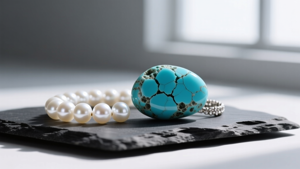 Creamy white Akoya pearls and a raw turquoise cabochon on dark slate, highlighting their delicate, highly porous surface textures.
