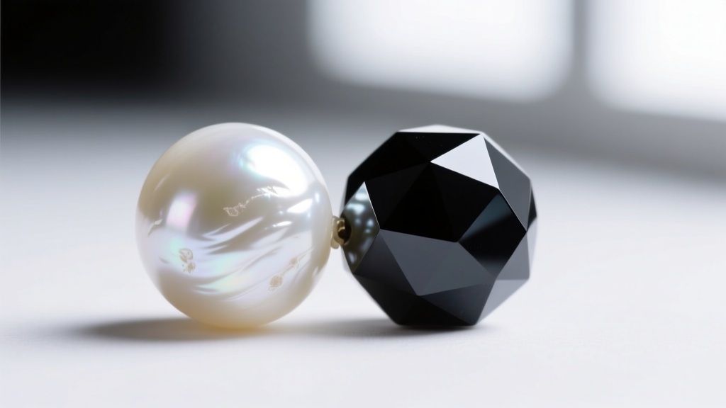 Macro photography showing surface texture difference between a natural white pearl and a highly polished faceted black onyx bead.