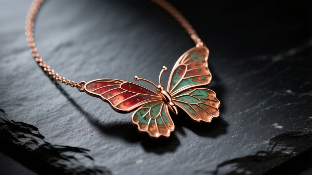 Close-up of a tarnished 14k rose gold butterfly necklace resting on dark slate, highlighting copper oxidation on delicate wings.