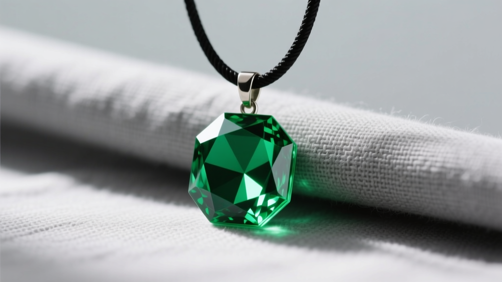 Faceted emerald-green silicone gem pendant on a black nylon cord, resting on soft grey linen in natural daylight