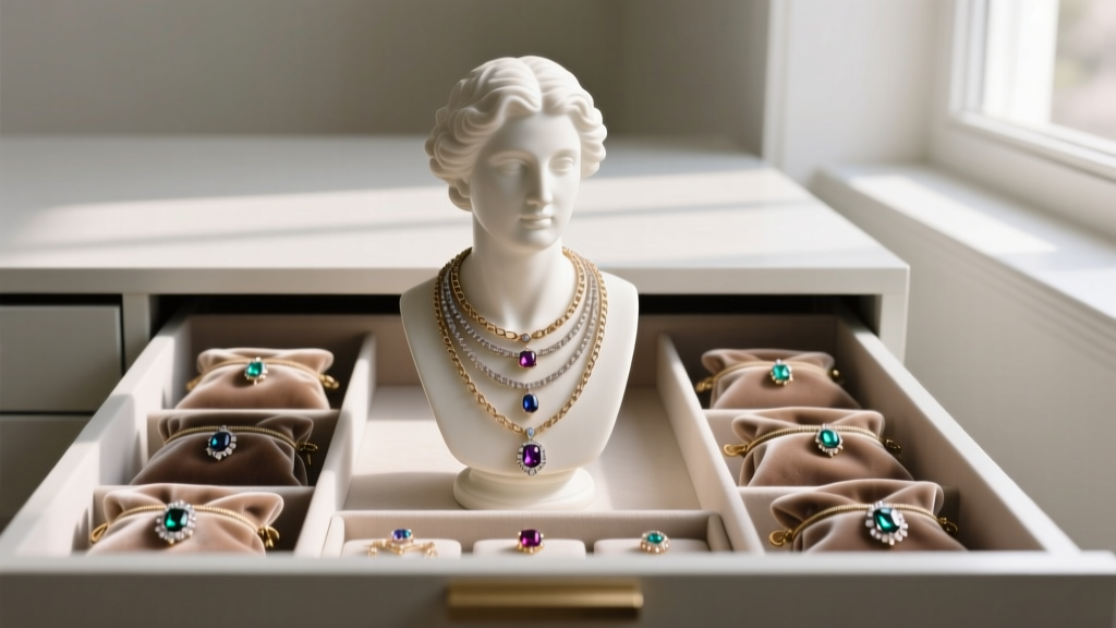 Organized jewelry drawer with velvet pouches and a bust displaying a layered pendant necklace setup completely free of tangles.