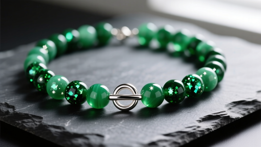Vibrant green aventurine bead necklace on dark slate, featuring 8mm round beads with mica inclusions and a silver toggle clasp