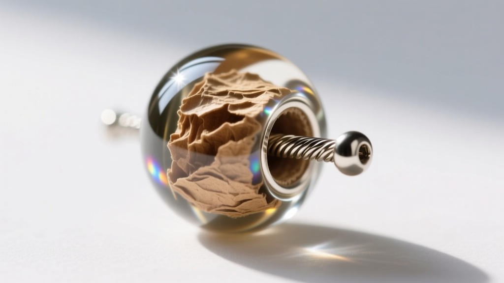 Macro shot of a 20-gauge niobium ear wire attached to a sealed upcycled paper bead with a highly glossy, durable bio-resin topcoat