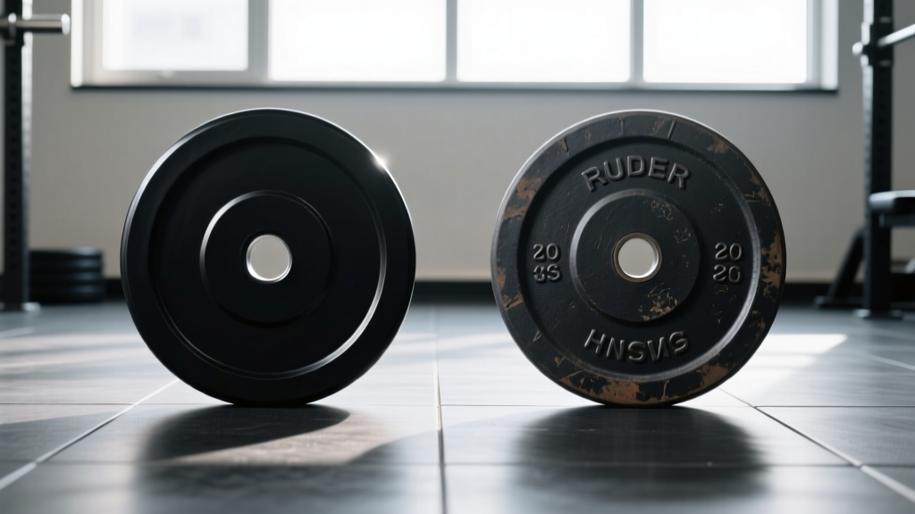Side-by-side comparison of a solid black rubber bumper plate and a rubber-coated cast iron weight plate on a gym floor