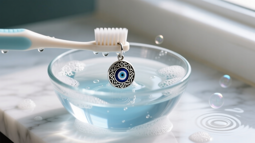 Soft-bristled baby toothbrush gently scrubbing a sterling silver evil eye dangle earring submerged in a glass bowl of soapy water.