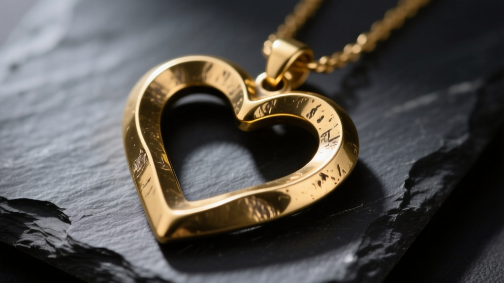 Macro shot of a recycled brass chunky heart pendant with raw brushed texture on dark slate, sharp focus jewelry photography