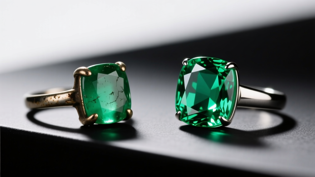 Side-by-side comparison of a dull, oil-coated vintage emerald ring next to a professionally polished, vibrant green emerald ring.