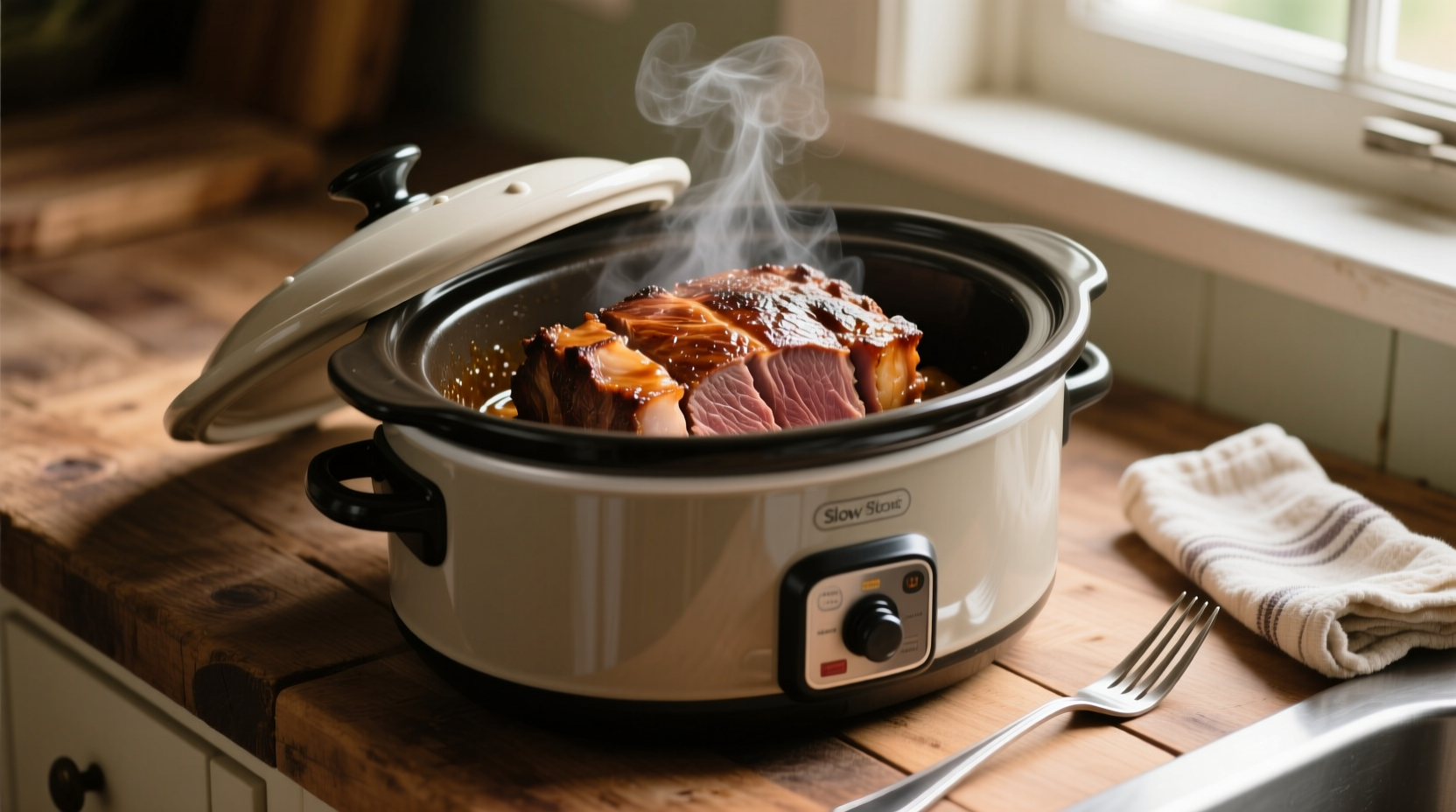 Slow cooker with perfectly cooked roast beef