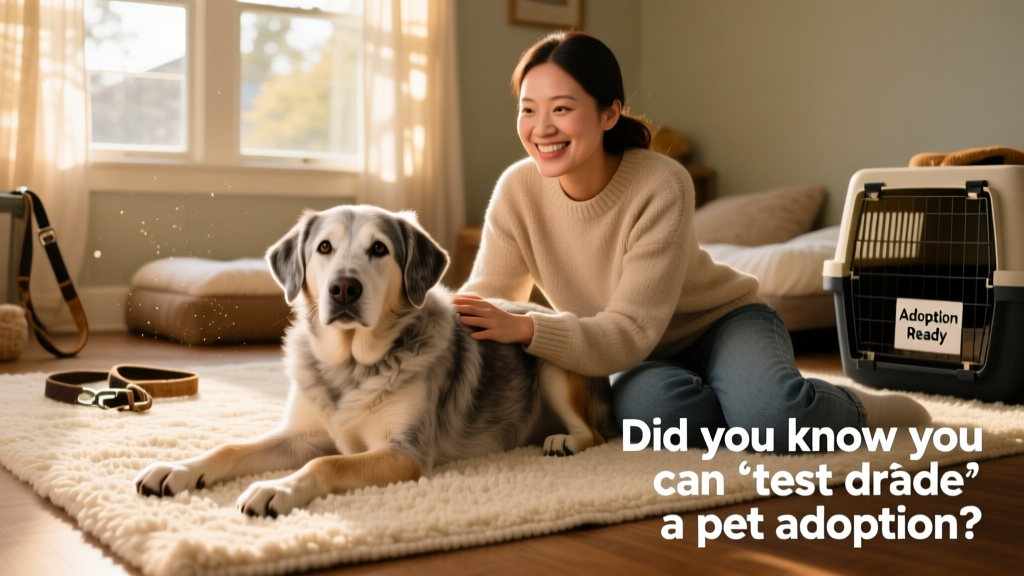 A relaxed senior dog resting on a cozy rug beside a smiling adult volunteer