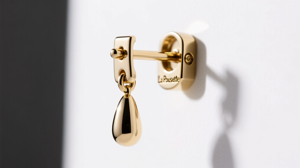 Close-up of a La Pousette earring back securing an 18-gauge white gold bar drop earring post under bright studio light