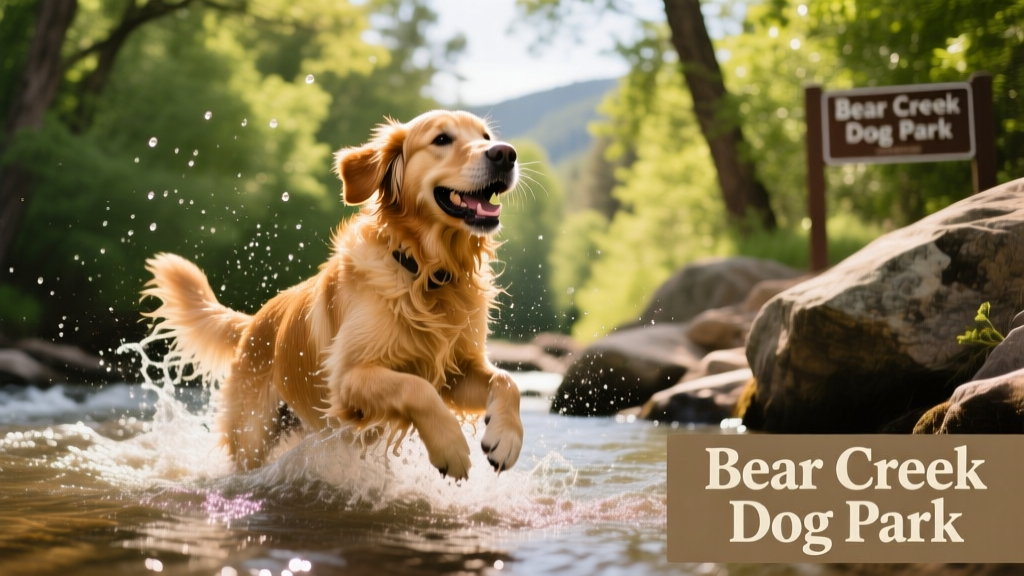 A dog splashing joyfully in Bear Creek at Bear Creek Dog Park, with lush greenery and rocky banks in the background