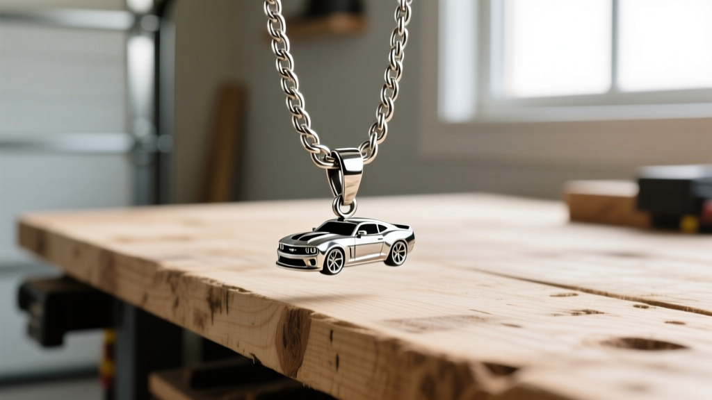 A 4mm stainless steel Cuban chain holding a Camaro SS pendant, fastened with a heavy lobster clasp on a wooden garage workbench.