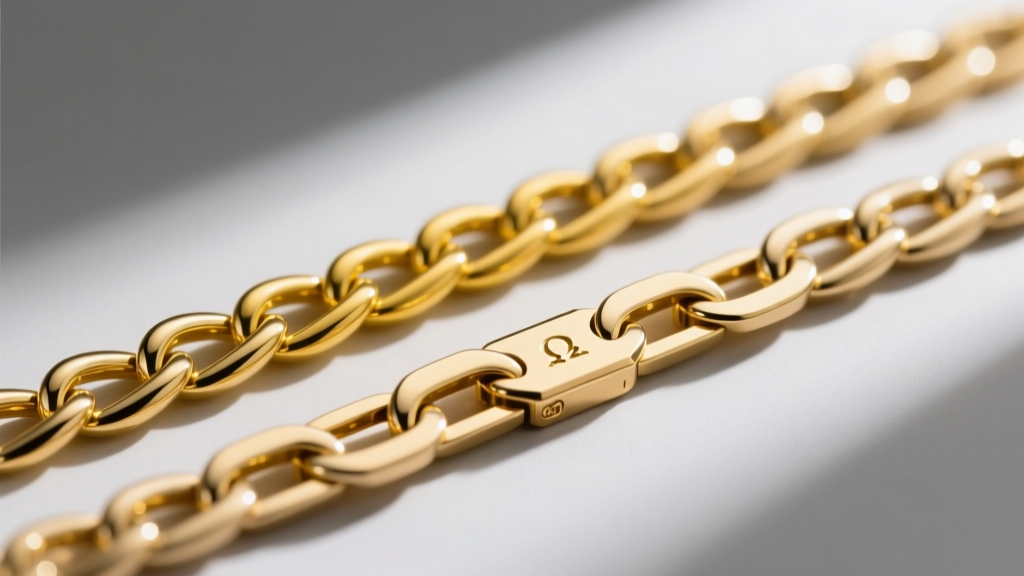 Macro shot comparing 14k and 18k gold omega chain edges, showing subtle color warmth differences and interlocking plate structures