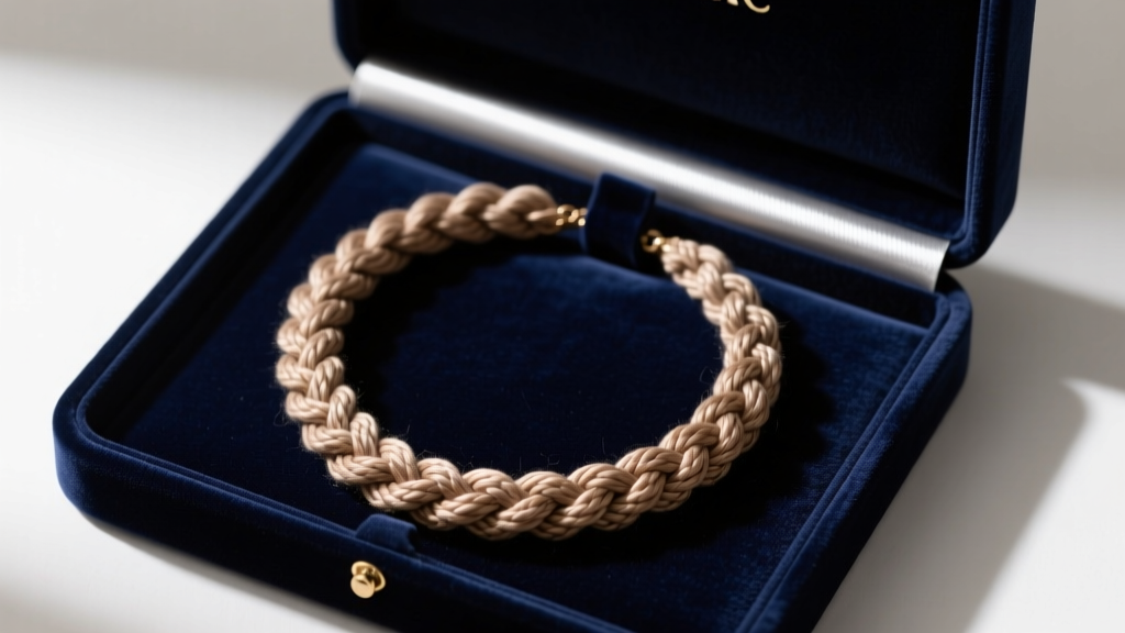 Coiled braided DMC cotton necklace stored inside a dark velvet-lined jewelry box with an anti-tarnish strip, shot from above.
