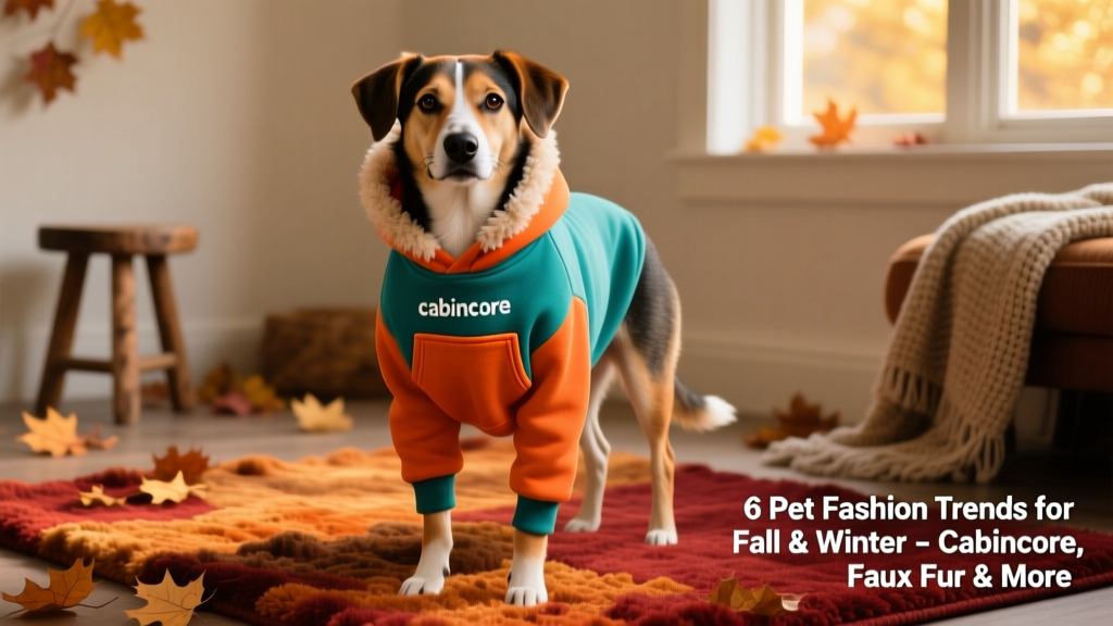 A dog wearing a vibrant teal and orange colorblocked hoodie with a front pocket, standing on a cozy autumn-themed rug