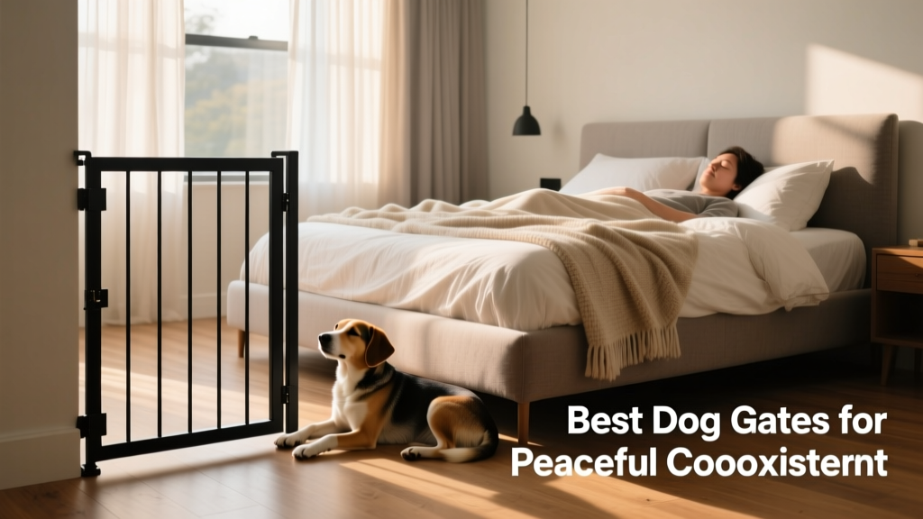 A cozy bedroom with a black steel dog gate partially open, allowing a relaxed dog to rest near the owner's bed while maintaining gentle separation