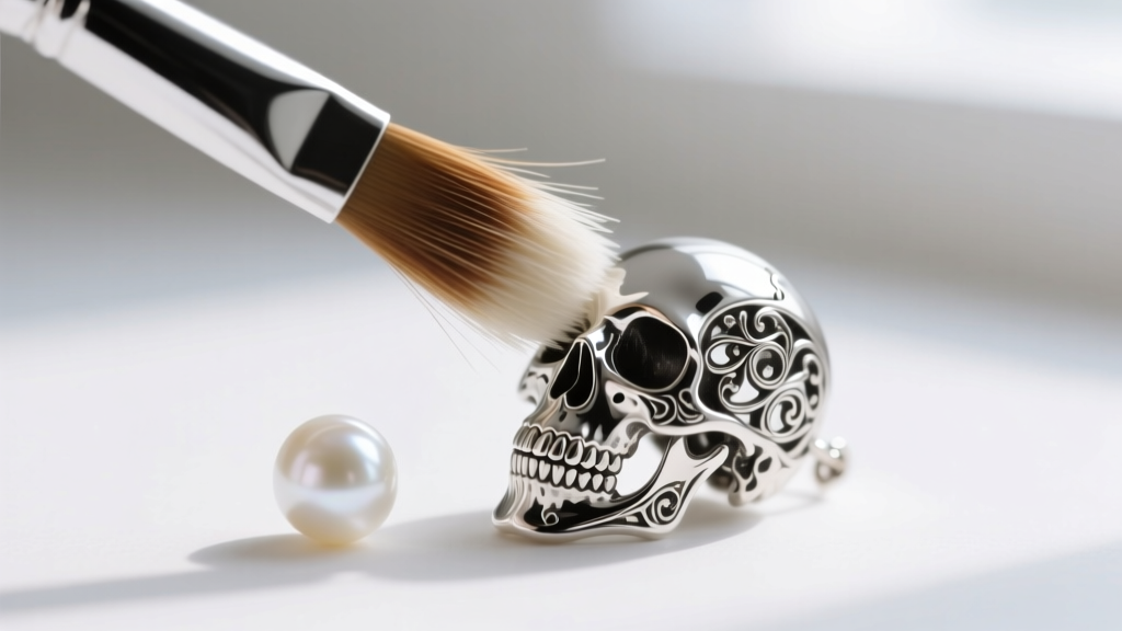 Horsehair brush gently cleaning the intricate silver teeth of a skull earring while carefully avoiding the adjacent white pearl