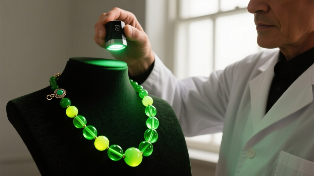 Gemologist holding a UV blacklight over a vintage green necklace, revealing the bright neon fluorescence of uranium glass beads
