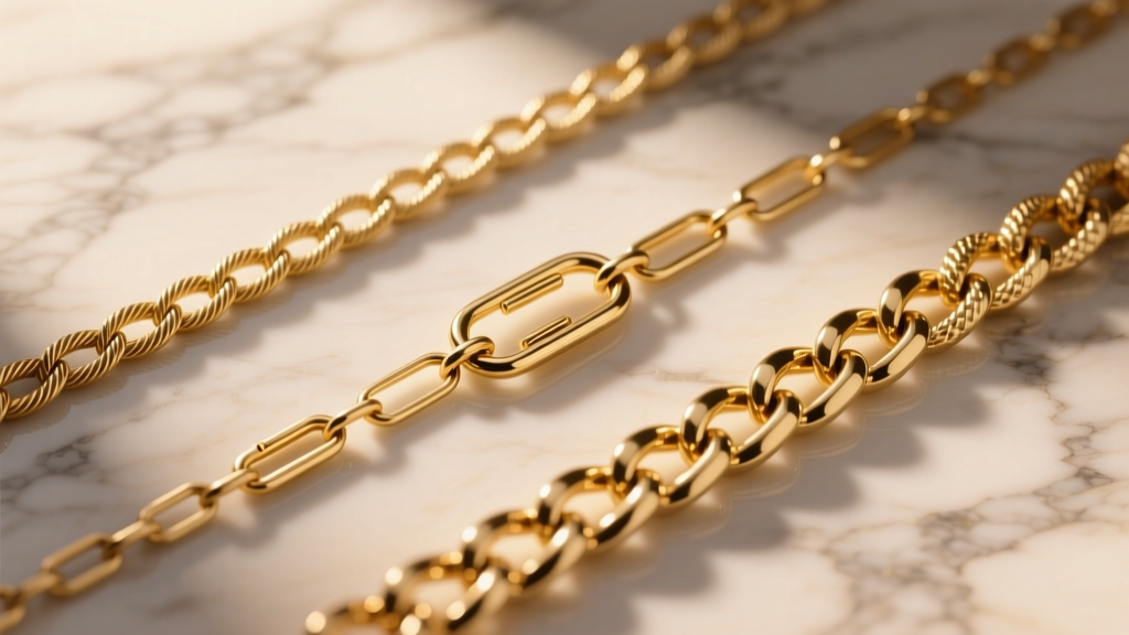 Top-down view of three gold chains on marble: a 16-inch cable, 18-inch paperclip, and 22-inch curb chain under warm studio lights