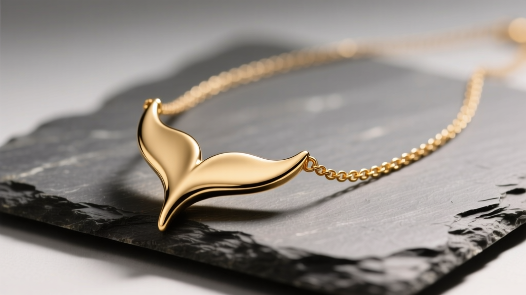 Close-up of a 14k gold whale tail necklace on slate, showing the curved fluke and 1mm box chain under warm studio lighting.