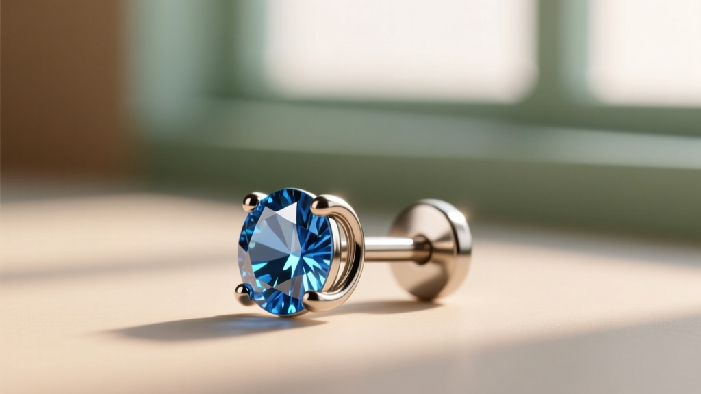 Macro shot of an 18-gauge threadless titanium push-pin stud with a sapphire in a delicate helix piercing, soft focus background