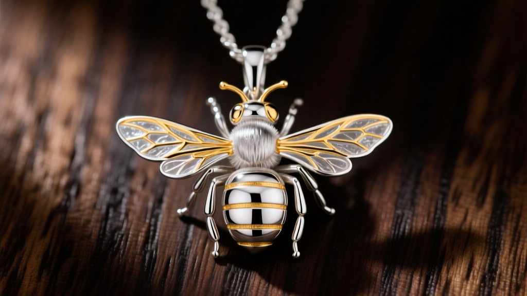 Macro shot of a sterling silver bee pendant with gold vermeil, showing detailed wing textures against a dark oak wood background.