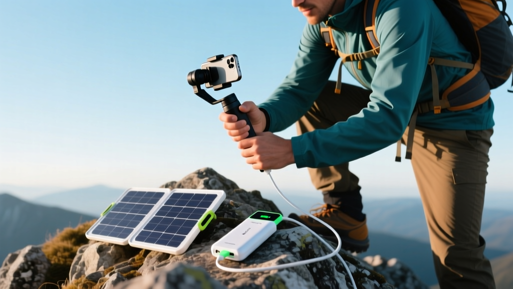 Hiker adjusting a smartphone gimbal on a rocky summit, while a portable solar panel charges a wireless battery pack nearby