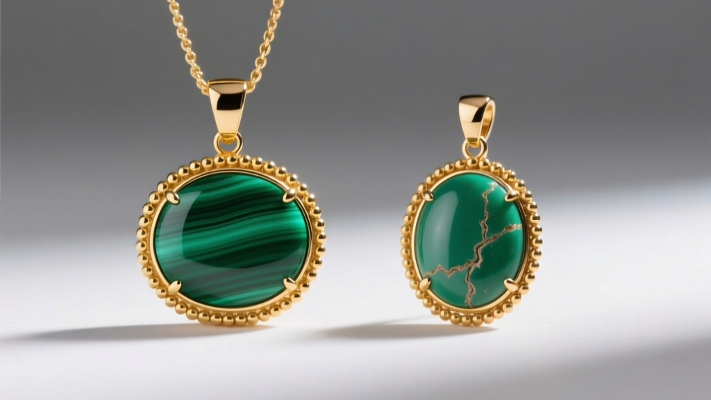 Comparison of a genuine flush-set malachite Alhambra pendant and a replica showing visible glue lines and uneven gold beaded edges