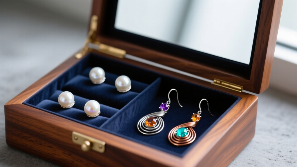 Open mahogany jewelry box lined with anti-tarnish silk, holding separated handmade pearl studs and delicate wire-wrapped dangles.