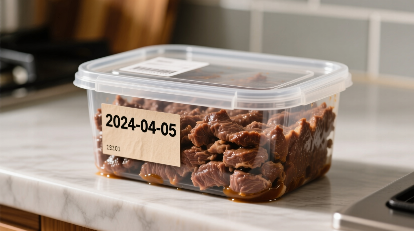 Cooked ground beef in airtight container with date label